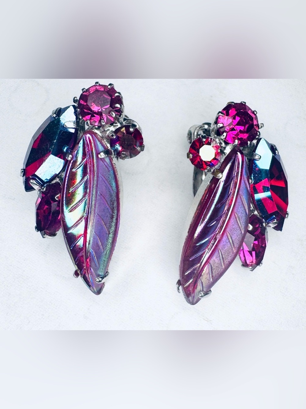 Rare Vintage Gustave Sherman Clip-On Earrings with Silver + Pink Crystal Accents